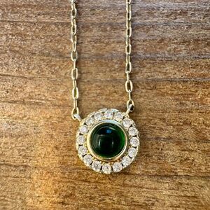 Dainty Sterling Silver 925 + Gold Toned Necklace, Green Stone with CZ Accents